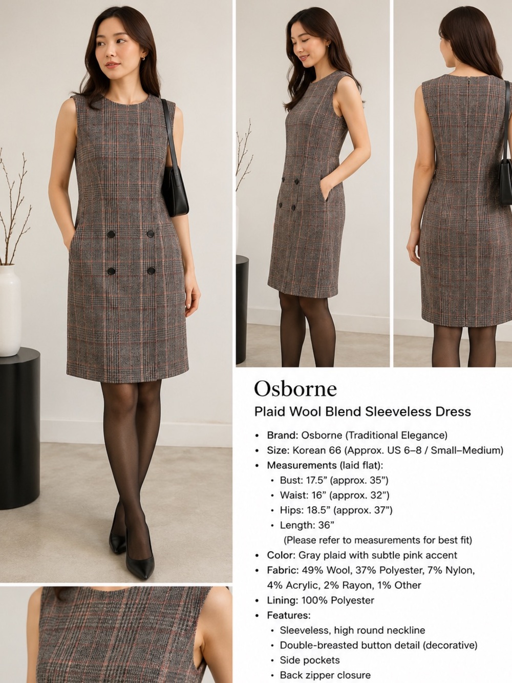 Osborne Korean 66 Gray Pink Plaid Wool Blend Sleeveless Sheath Dress